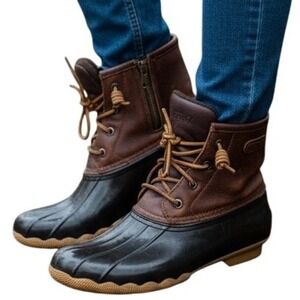 Sperry Saltwater Duck Boots Womens 9 Brown Black Waterproof Leather Ankle Boots